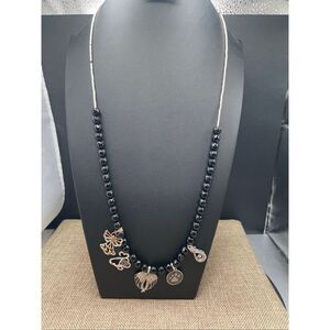 Black Faceted Bead Charm Necklace with Angel Wings, Heart, Paw Print & Butterfly